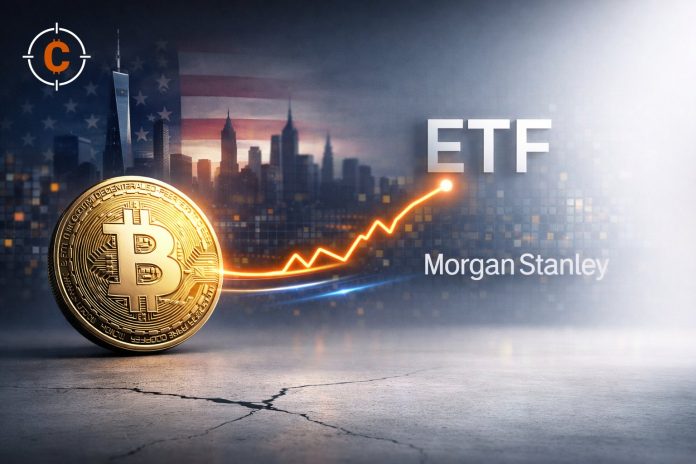 Bitcoin-munt met opgaande koerslijn en de tekst ETF en Morgan Stanley, met New York op de achtergrond