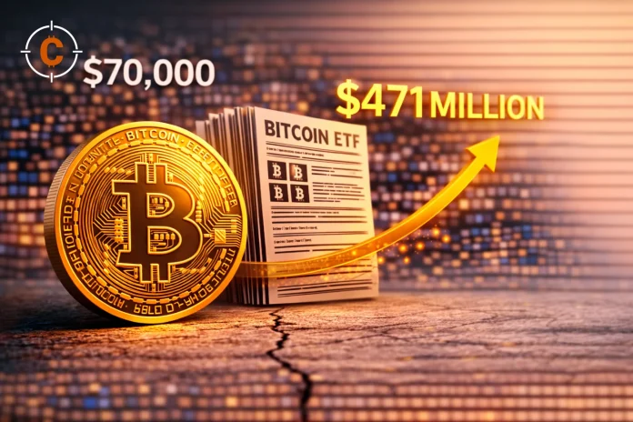Terwijl Bitcoin onder $70.000 blijft hangen, stroomt er $471 miljoen in één dag naar Bitcoin ETFs