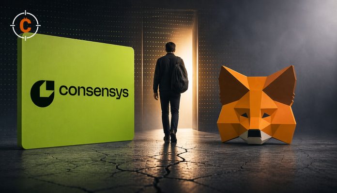 Person walking away from the ConsenSys logo toward a doorway, with the MetaMask fox beside them