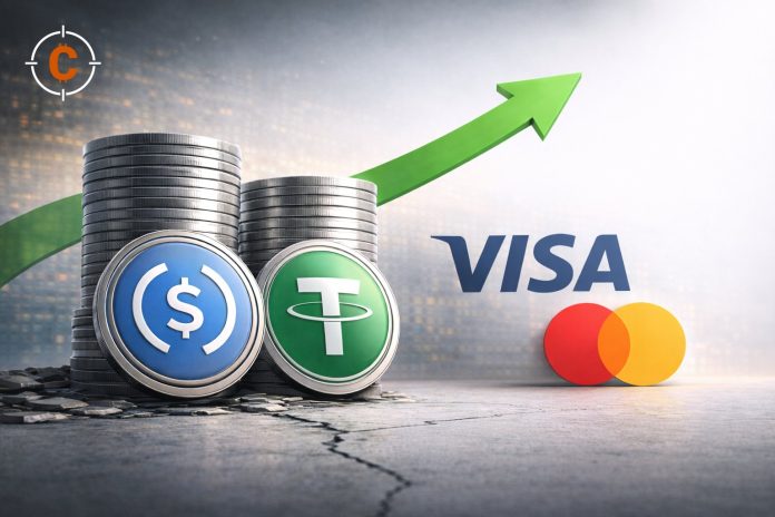 USDC- en Tether-munten naast de logo’s van Visa en Mastercard met een groene groeipijl op de achtergrond