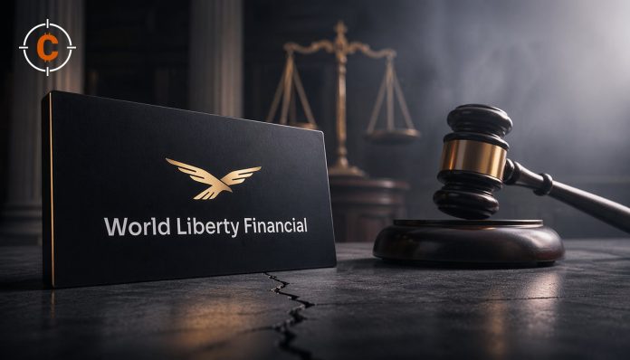 World Liberty Financial logo card next to a judge's gavel with scales of justice in the background.