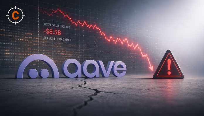 Aave logo with a red downward chart and warning sign showing $8.5B TVL loss after the Kelp DAO hack