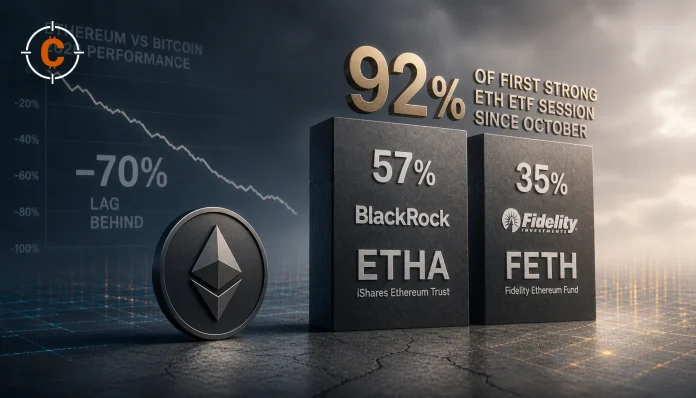 Ethereum lag 70 procent achter Bitcoin in 2026. BlackRock ETHA en Fidelity FETH pakken 92 procent van eerste sterke ETH-ETF-sessie sinds oktober