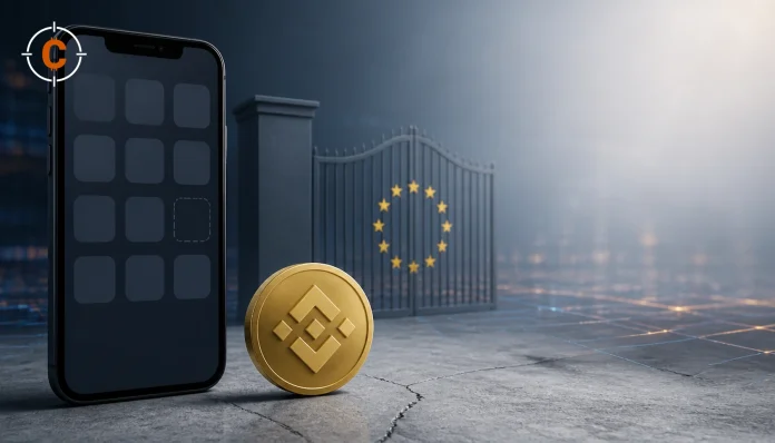 Smartphone met ontbrekende Binance-app, BNB-token en EU-toegangspoort