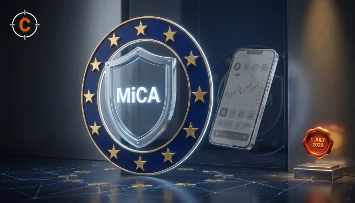 Glanzend MiCA-schild met gouden EU-sterren sluit een crypto-app buiten; beeld bij de ontbrekende Binance MiCA-vergunning in Europa.