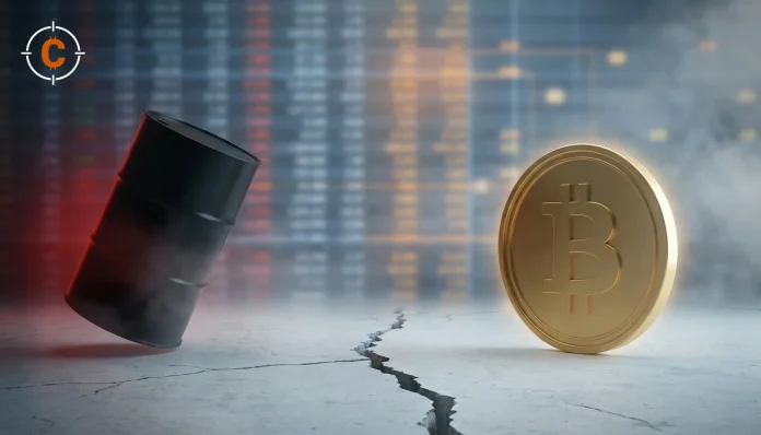 Bitcoin en de olieprijs: gouden bitcoinmunt naast een kantelend olievat op gebarsten beton