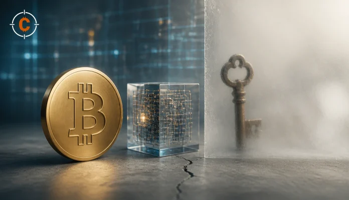 Bitcoin quantumproof met moderne wallet en oude sleutel achter glas