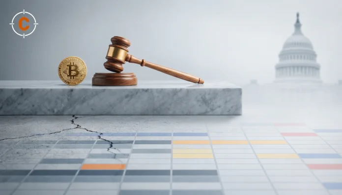Gouden bitcoinmunt en rechtershamer als symbool voor de CLARITY Act in de Amerikaanse Senaat