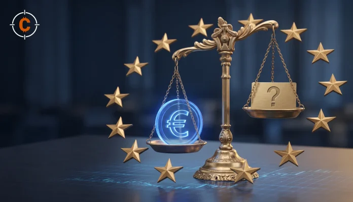 Weegschaal met een oplichtende digitale euro op de ene schaal en een leeg plaatje met vraagteken op de andere, in een ring van EU-sterren
