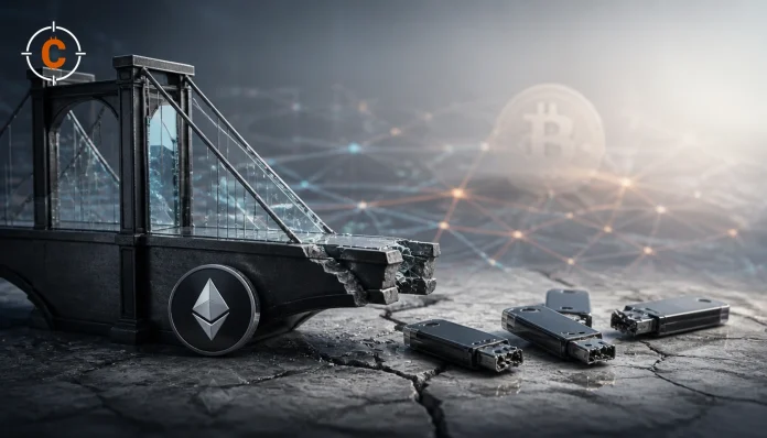 Gebroken cross-chain bridge met Ethereum symbool en kapotte validatorsleutels
