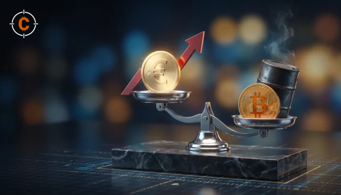 Weegschaal met de ECB rente en een euro omhoog tegenover een bitcoin die omlaag wordt gedrukt door een olievat