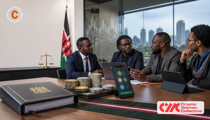 Kenyan regulatory meeting over crypto wallets and stablecoins with CryptoFocus watermark and official Crypto Women Collective logo