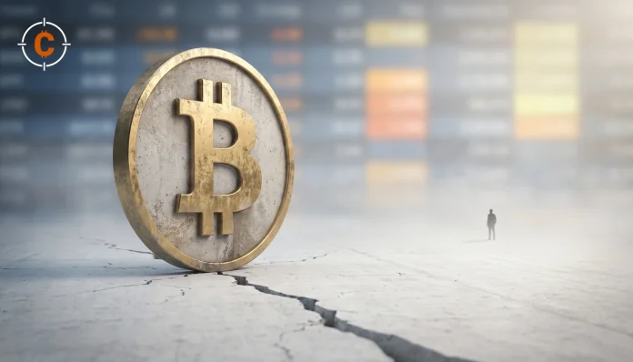 Bitcoin-munt op gebarsten beton, beeld bij wachten op Bitcoin op 40.000 dollar