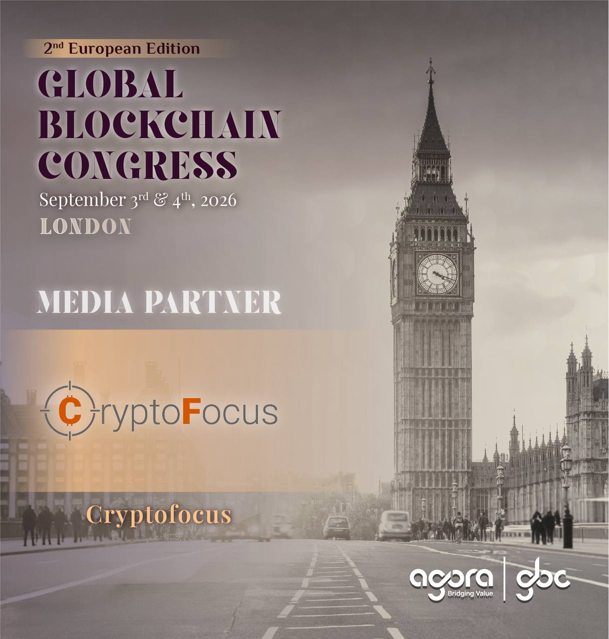 Media partner card for the Global Blockchain Congress London, 3 and 4 September 2026, showing the Cryptofocus logo against Westminster