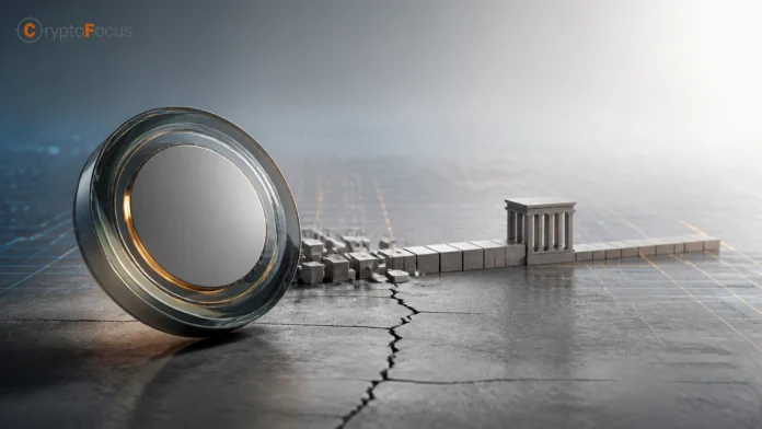 Unbranded stablecoin disk beside tokenised bank-deposit settlement rails on a cracked concrete data grid