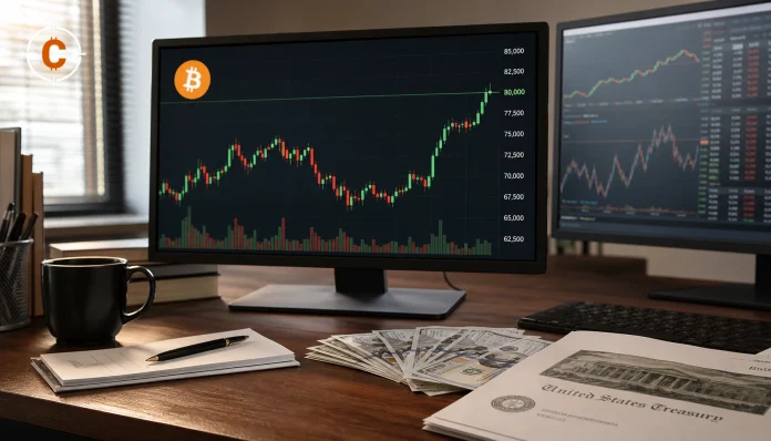 Bitcoin koersgrafiek boven 80.000 dollar met dollar- en Treasury-context