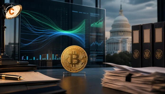 Bitcoin ETF flow chart on a financial desk with Washington regulatory documents in the background