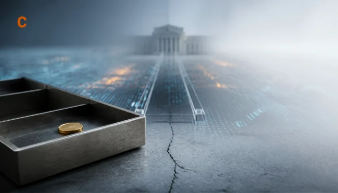 Minimal editorial bitcoin ETF macro policy scene with top-left CryptoFocus watermark