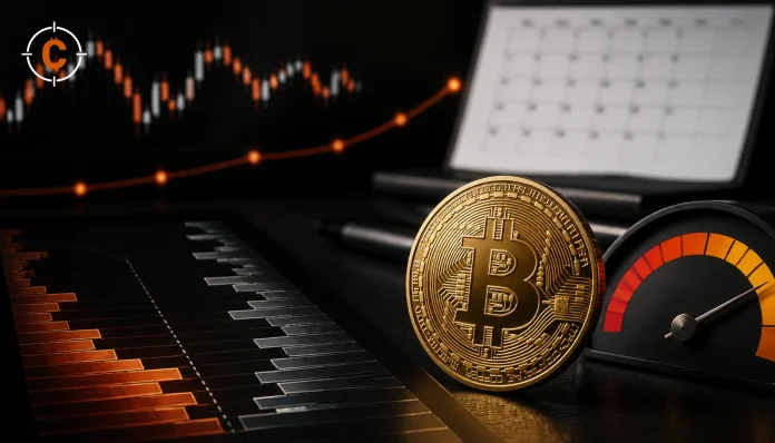 Bitcoin coin beside a cooling pressure gauge and market grid for August range risk
