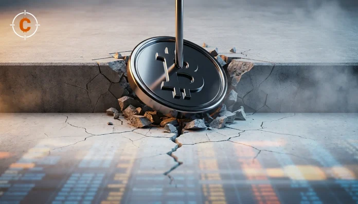 Gepolijst muntsymbool breekt door beton, Bitcoin naar 73000 dollar als eerste doel