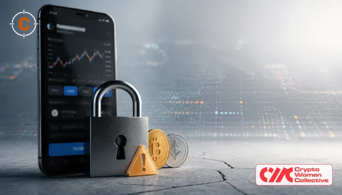 Crypto exchange-app met slot, waarschuwing en munten, met CryptoFocus-watermark en CWC-logo