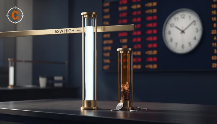 Twee meetkolommen op een handelsvloer tonen het gat tussen Wall Street en cryptoaandelen, met een klok op 14.30 uur