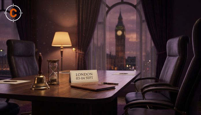 Global Blockchain Congress London: an empty investor meeting table with a LONDON 03-04 SEPT place card and Big Ben at dusk
