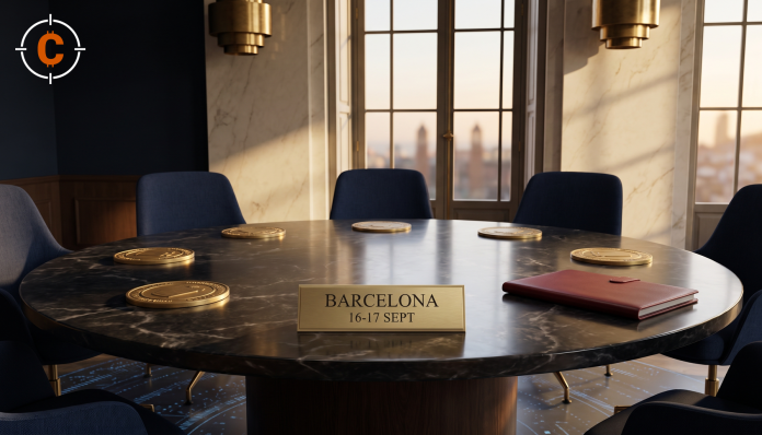 European Blockchain Convention 2026 in Barcelona: a marble negotiating table with six brass institutional seals and a brass plate reading Barcelona 16-17 Sept