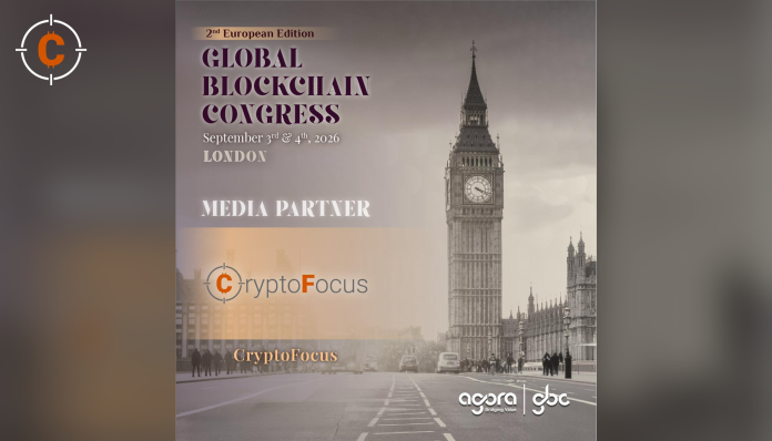 Global Blockchain Congress London programme media partner card with the Cryptofocus logo over Westminster and the 3 and 4 September dates