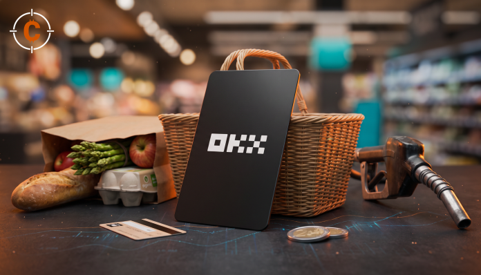 OKX Card leunend tegen een boodschappenmand, met boodschappen en een tankpistool ernaast