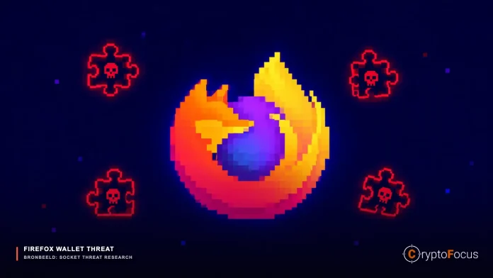 Firefox-logo omringd door malwarepictogrammen bij onderzoek naar neppe crypto-walletextensies