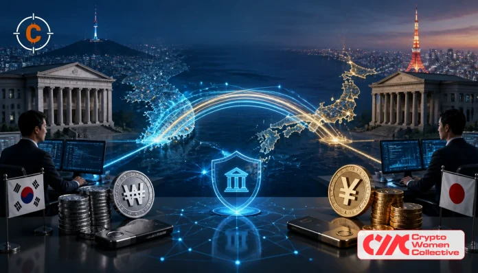 Japan-Korea stablecoin betaalcorridor met CryptoFocus watermark en Crypto Women Collective logo
