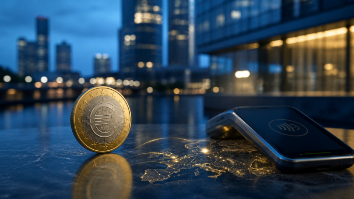 Euro stablecoin coin beside a contactless payment terminal over a map of Europe