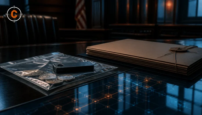 Hardware wallet in een bewijszak op een rechtbanktafel als beeld bij de Zimbardi-cryptozaak.