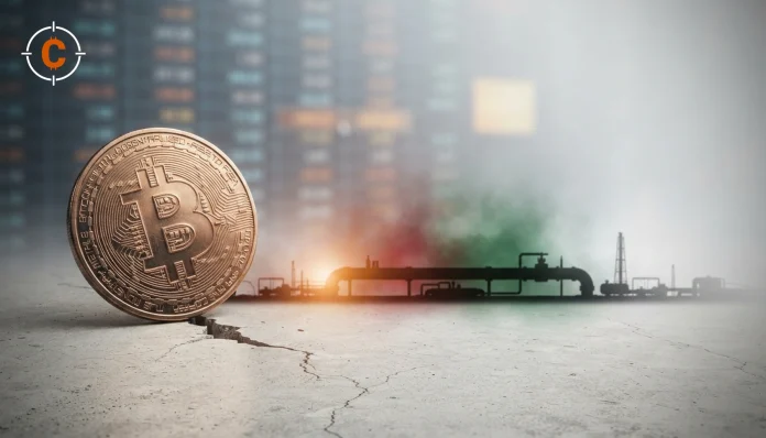 Minimalistische geopolitieke bitcoin-nieuwsafbeelding met bitcoin, olieschok en subtiele Iraanse kleuraccenten.