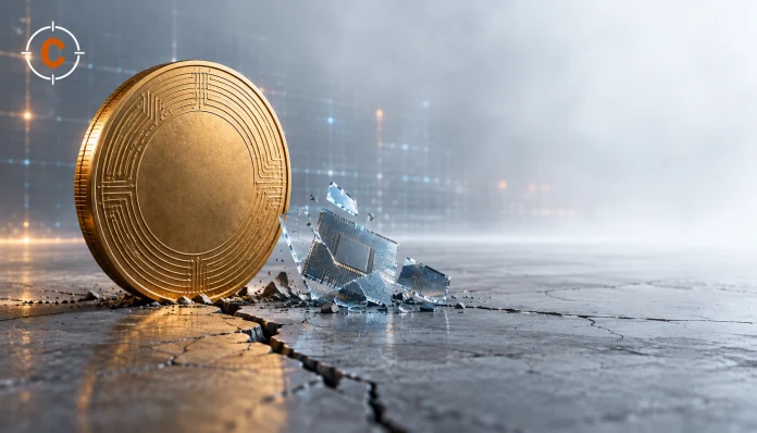 Ongemarkeerde gouden cryptomunt naast AI-chipfragmenten op een koele datavloer.