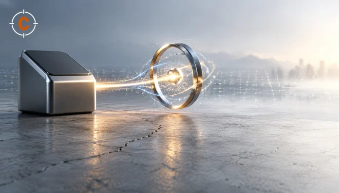 Enterprise API gateway connected to a glowing stablecoin settlement rail on cracked concrete