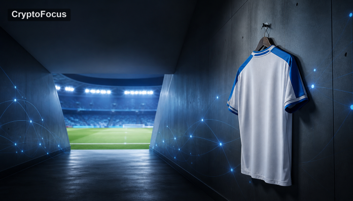 Blauw-wit voetbalshirt in een stadiontunnel met abstract betalingsnetwerk