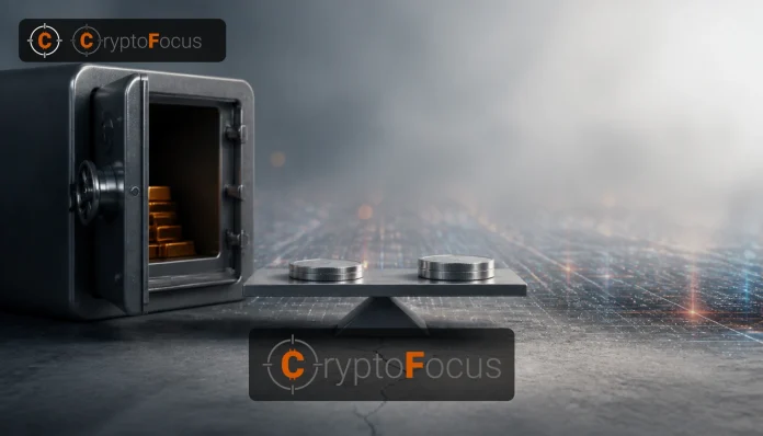 Minimalistische CryptoFocus nieuwsafbeelding met geopende treasury-kluis, gestapelde blanco tokens en rustige digitale marktvloer.