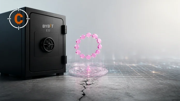 DOT koersanalyse op Bybit EU met Polkadot-liquiditeit en een zwarte kluisdeur
