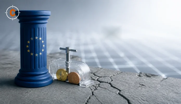 EU-toezicht en cryptorisico verbeeld met een risicobaken en kleine cryptotokens op een marktgrid
