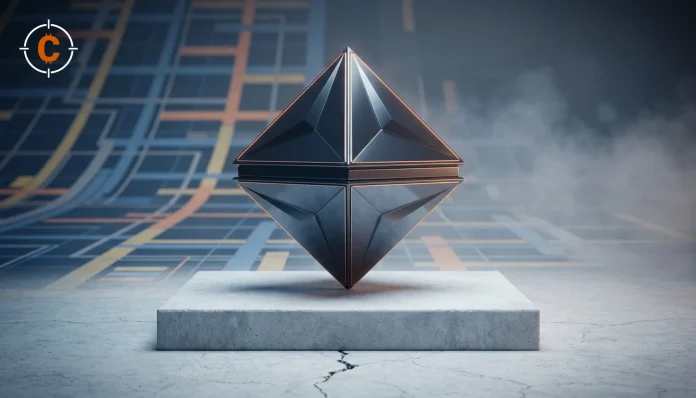 Ethereum tegen bitcoin, het ethersymbool als gepolijst object op een betonnen richel