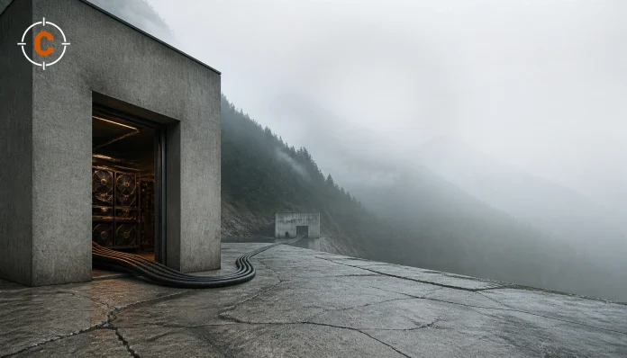 Photorealistic illustration of a remote unmarked utility room with crypto mining rigs and power cables in misty mountain infrastructure.