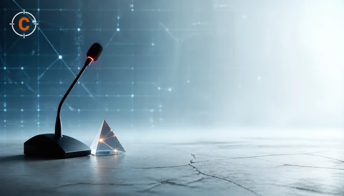 Conference microphone beside a translucent prism on a cracked data-grid surface