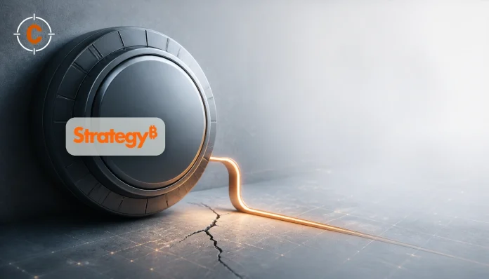 Strategy-logo op een metalen bitcoin-treasurykluis met oranje kapitaalstroom