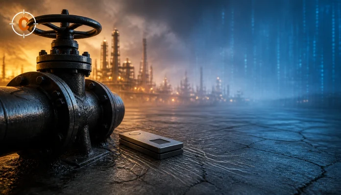 A dark oil pipeline valve beside a small metallic data device on cracked concrete, with refinery lights and blue data patterns in mist behind it.