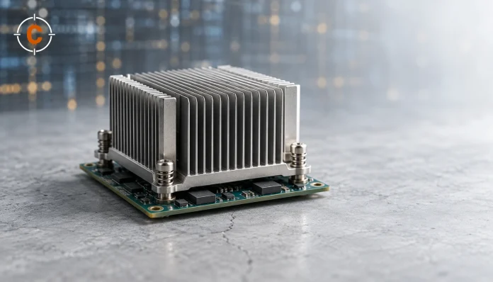 Een processor met metalen koelribben op een grijze betonnen ondergrond, met het CryptoFocus-beeldmerk.