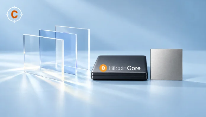 Conceptual editorial illustration of a device bearing the official Bitcoin Core identity beside transparent panels and a metal plate, representing local wallet state.