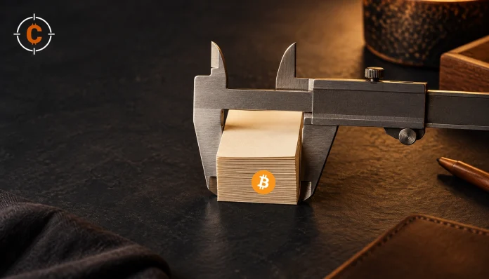 Conceptual illustration of a caliper measuring a paper stack carrying an authentic Bitcoin symbol.