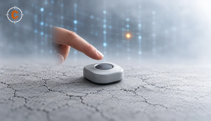 Editorial illustration of a fingertip hovering above a generic physical confirmation button.